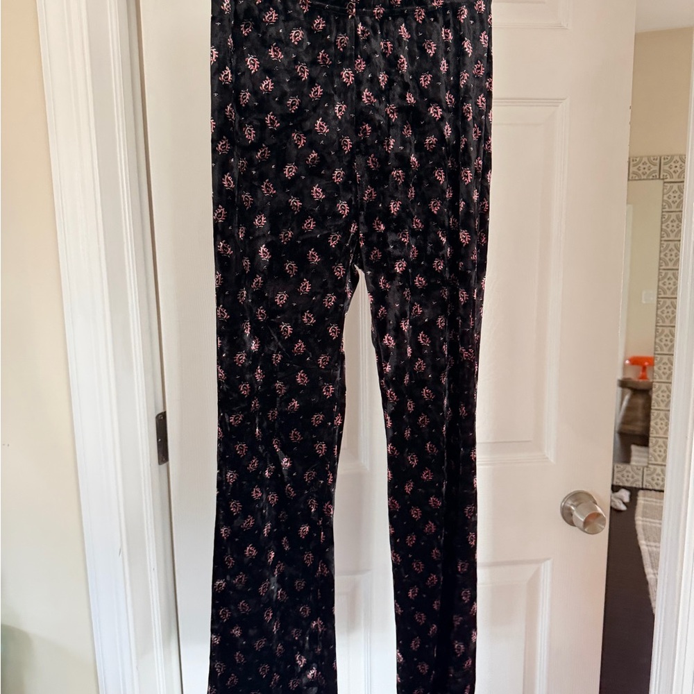 Billabong Black Velvet Pants with Pink Floral Design
